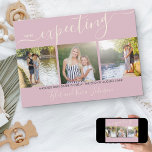 Anúncio Escrita elegante 3 Quadrada Foto Bebê Grávida<br><div class="desc">Esperamos... um anúncio de gravidez cor-de-rosa para uma menina, com 3 das suas fotos! O modelo de foto está configurado para que você adicione suas próprias fotos, que são exibidas no formato quadrado / instagram. "Esperar" está escrito em tipografia elegante de escrita manuscrita e a mensagem de anúncio de gravidez...</div>