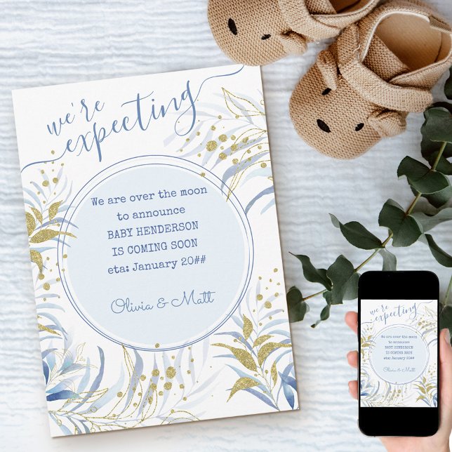 Anúncio Esperávamos Gravidez de Folhagem Azul e Dourada (Criador carregado)