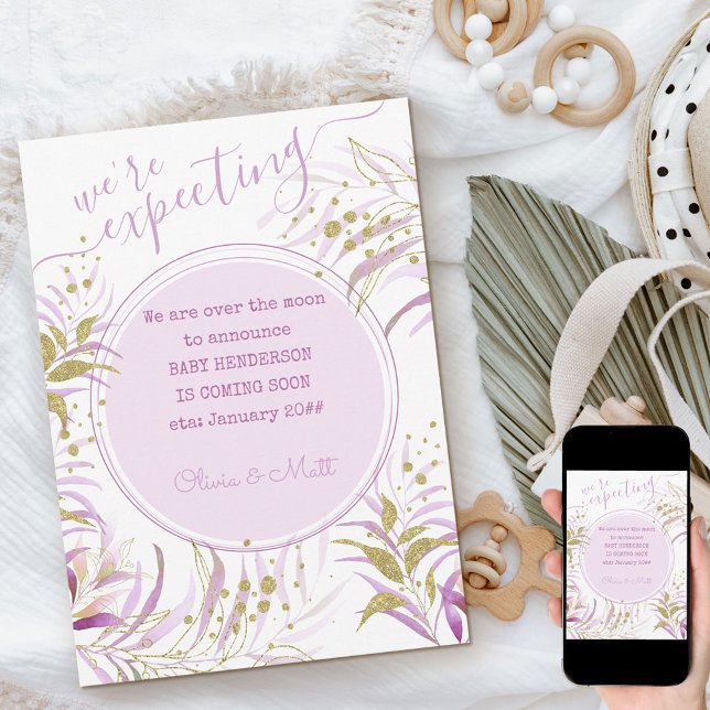 Anúncio Esperávamos uma gravidez foliar rosa e Dourada (Criador carregado)