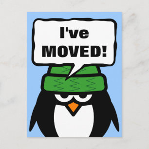 Anúncio Eu mudo cartão postal de novo endereço com pinguim