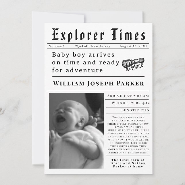 Anúncio Explorer Times Nascimento de Recém-Nascido (Frente)