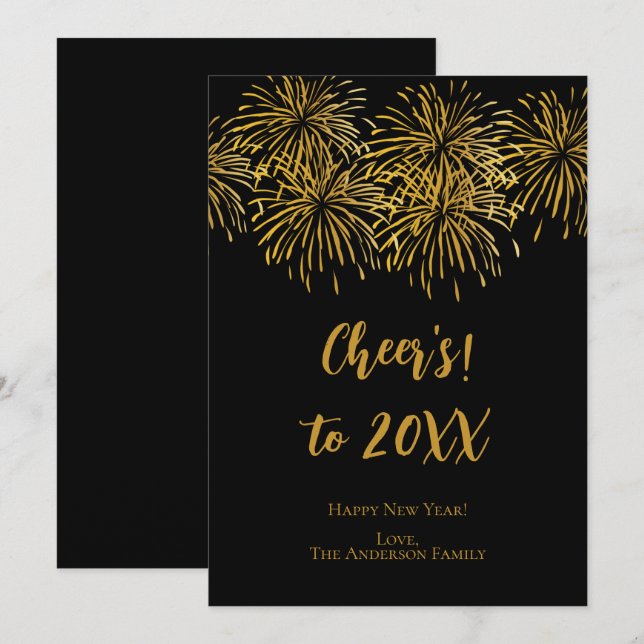 Anúncio Feliz ano novo Dourado de fogos de artifício preto (Frente/Verso)