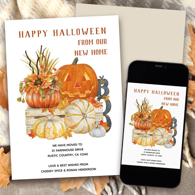 Anúncio Feliz Halloween Rustic Farmhouse Pumpkins Movendo- (Happy Halloween from New Home rustic fall moving announcement)