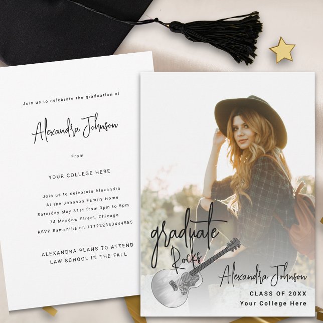 Anúncio Festa de formatura de Foto Moderna (Modern graduate photo country guitar music themed graduation party and announcement card)