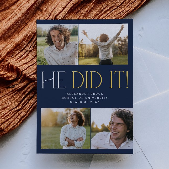 Anúncio Festa Moderna Azul Naval Dourado Ele Fez Foto Grad (Criador carregado)