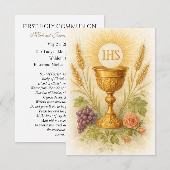 Anúncio First Communion Keepsake Eucharistic Chalice Card (Frente/Verso)