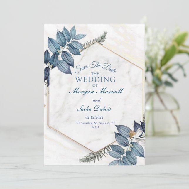 Anúncio floral azul com casamento mármore (Em pé/Frente)