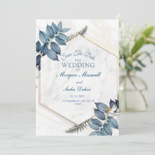 Anúncio floral azul com casamento mármore