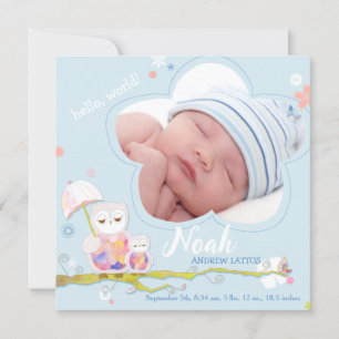 Anúncio Floral Owls Blue Baby Boy Foto Nascimento