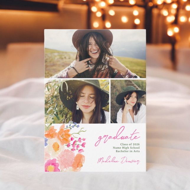 Anúncio Flores arredondadas boêmicas 3 fotos formadas (Bohemian bold wildflowers 3 photos graduation announcement)