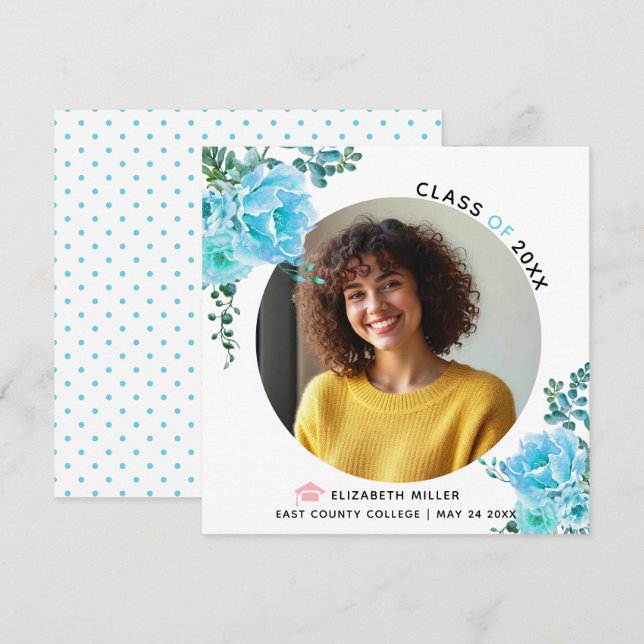 Anúncio Flores azuis aqua Classe de 2025fotografia de grad (Frente/Verso)