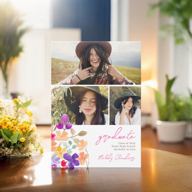 Anúncio Flores silvestres pintadas 3 fotos formadas (Painted garden wildflowers 3 photos graduation announcement)
