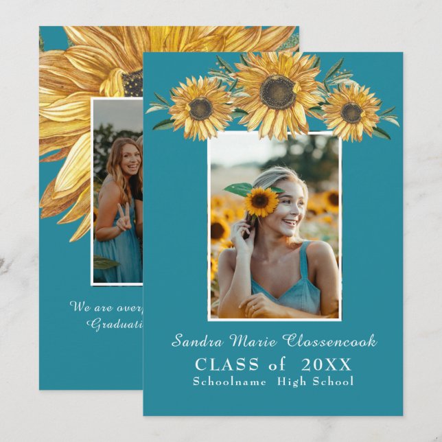 Anúncio Flores solares Foto azul Graduação rústica moderna (Frente/Verso)