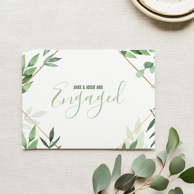 Anúncio Folhagem verde, festa de noivado de borda de cobre (Elegant watercolor-style green foliage, complemented by a tasteful gold/copper border)