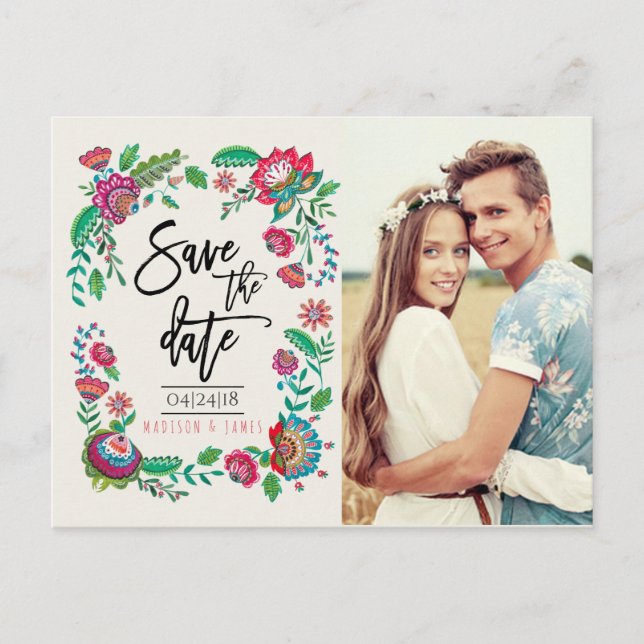 Anúncio Folk Flowers | Salve a Data | Cartão Postal de Fot (Frente)
