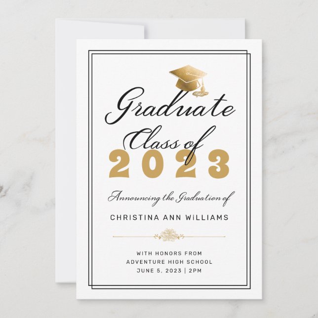 Anúncio Formando branco Elegante de Boné Dourado Classe de (Frente)