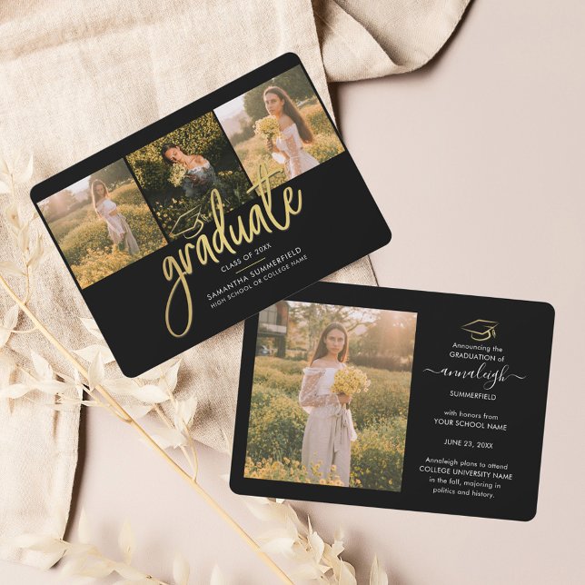 Anúncio Formando de Script Preto de Colagem de Fotos para  (Graduation 2024 Photo Collage  Script Announcement)