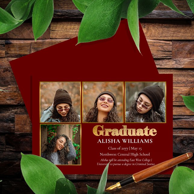 Anúncio Formando de Texto Dourado Elegante Clássico 4 (Classy Elegant Gold Tone Text "Graduate" 4 Photo Graduation Announcement -- Print | Digital Download)