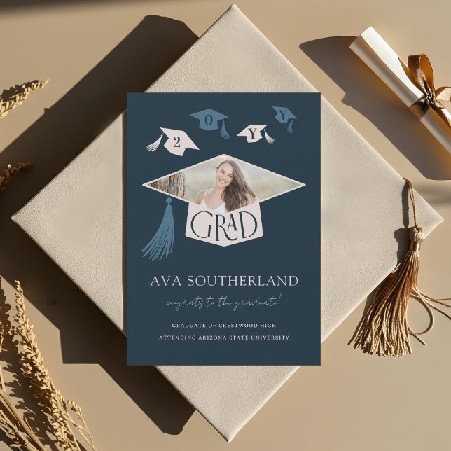 Anúncio Formando Moderno Elegante e Graduação de Foto Tass (Elegant Modern Grad Cap & Tassel Photo Graduation Announcement)