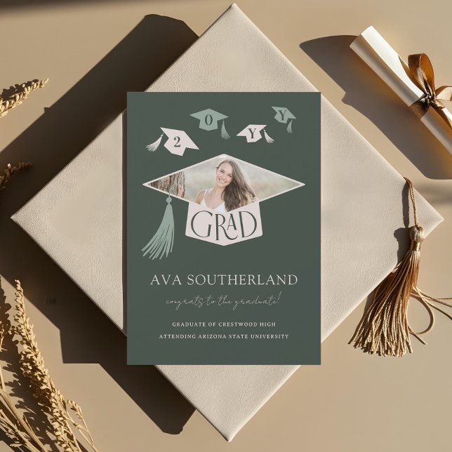 Anúncio Formando Moderno Elegante e Graduação de Foto Tass (Elegant Modern Grad Cap & Tassel Photo Graduation Announcement)