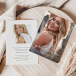 Anúncio Formando | Script Delicado e Duas Fotografias<br><div class="desc">Este anúncio de graduação da classe simples e na moda de 2023 diz "formando" em delicado e elegante roteiro moderno com sua foto pessoal favorita na frente do cartão. Mais informações sobre o formando podem ir para o fundo,  com um design preto e branco minimalista.</div>