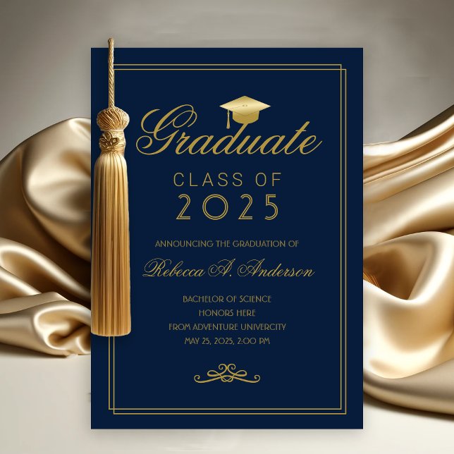 Anúncio Formandos de Boné de Formando Dourado azul Elegant (Navy Blue and Gold College Graduation Announcement)