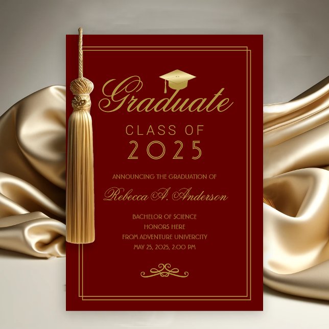 Anúncio Formandos de Formando Dourada Elegante Maroon (Maroon and Gold College Graduation Announcement)