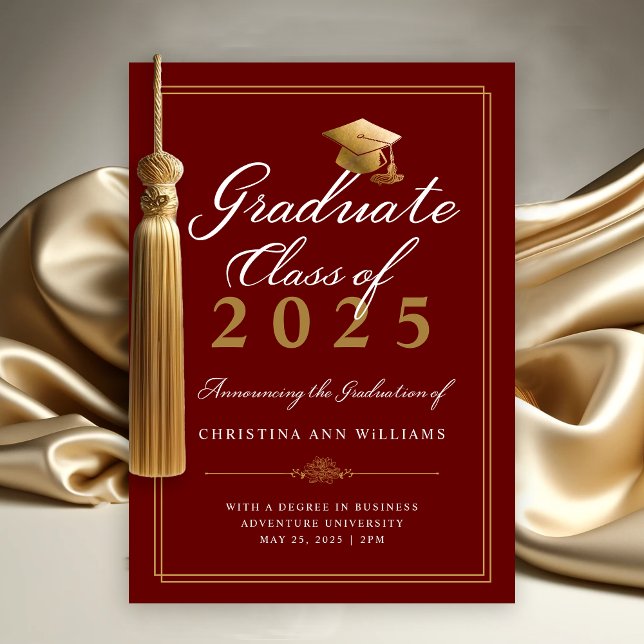 Anúncio Formandos de Script Dourado Vermelho Elegante (Elegant Maroon Gold Script College Class of 2025 Graduation Announcement)