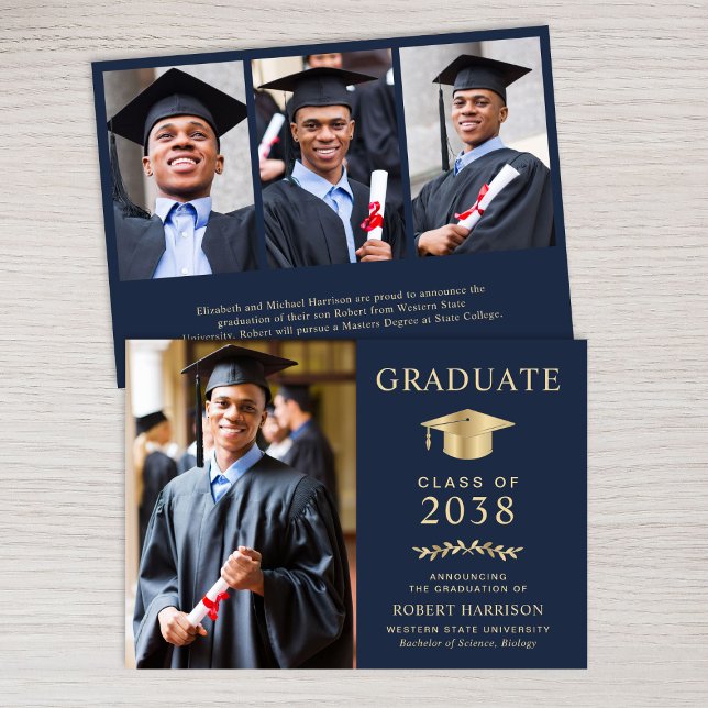 Anúncio Formandos Dourado Azul de Foto Elegante (An elegant college graduation announcement to celebrate the graduate's achievements)