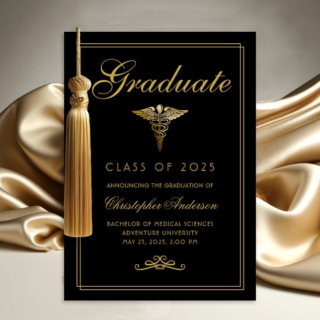 Anúncio Formandos Dourado Caduceus Preto Médico (Medical Black Gold Caduceus College Graduation Announcement)