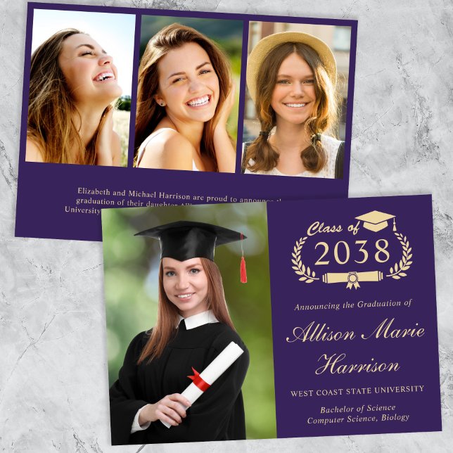 Anúncio Formandos Dourado Roxo de Fotografia Elegante (An elegant college graduation announcement to celebrate the graduate's achievements)