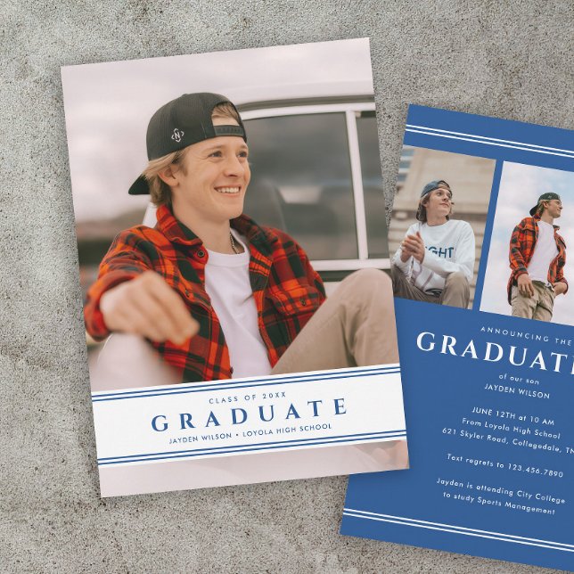 Anúncio Formatura com Foto Esportiva Simples Azul e Branco (Sporty blue and white photo graduation announcements.)