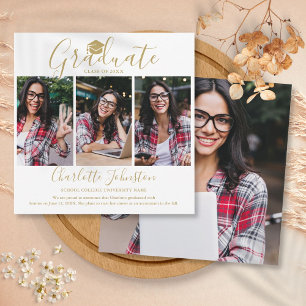 Anúncio Formatura em Script Dourado Elegante 4 Fotos Gradu