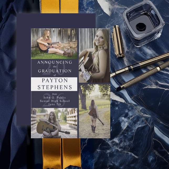 Anúncio Formatura Foto Azul Escuro Moderno Elegante (Classy Modern Dark Blue Photo Graduation Announcement - Print | Digital Download)