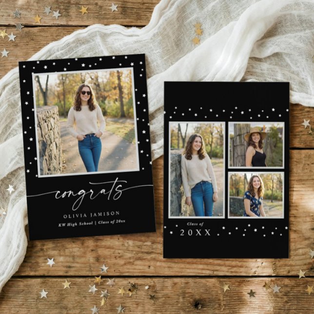 Anúncio Formatura Moderna em Preto e Branco com Caligrafia (Modern graduation announcement with photos, handwriting script and minimalist stars)