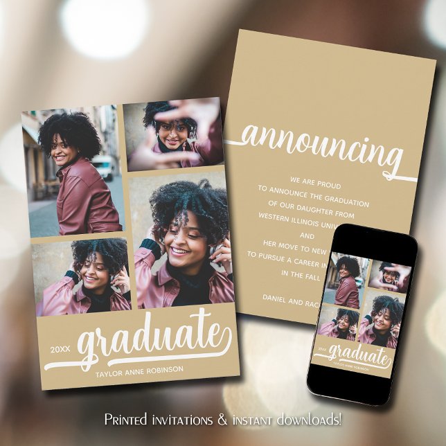 Anúncio Formatura Ouro Moderno 4 Fotos (Modern 4 photo collage gold graduation announcements)