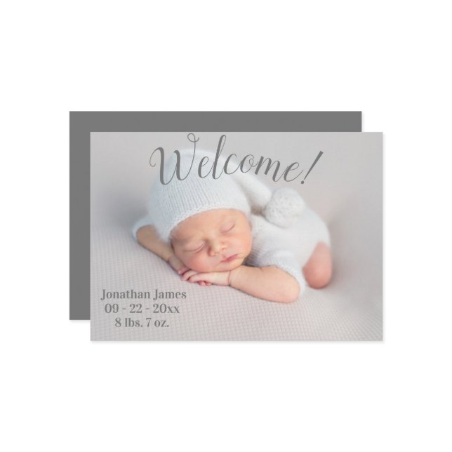 Anúncio Foto bem-vinda Script de Cinza Gênero Nascimento N (Frente/Verso In Situ)