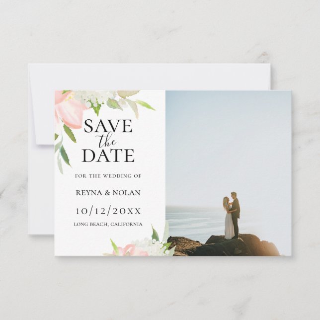 Anúncio Foto Botânica Rosa e Branco para Save The Date (Frente)