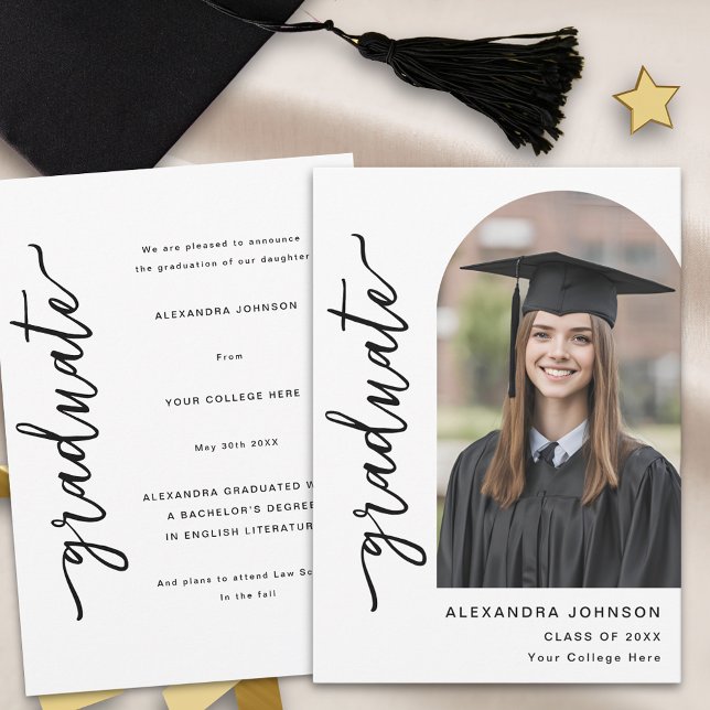 Anúncio Foto de Arquitetura de Roteiro Moderno (Modern trendy black and white photo arch graduation announcement card Elegant script minimalist )