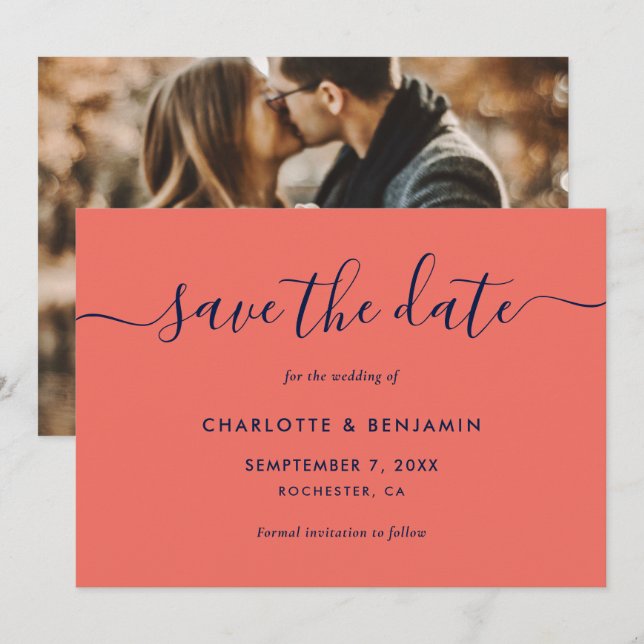 Anúncio Foto de casamento Elegante Marinho Azul e Casament (Frente/Verso)