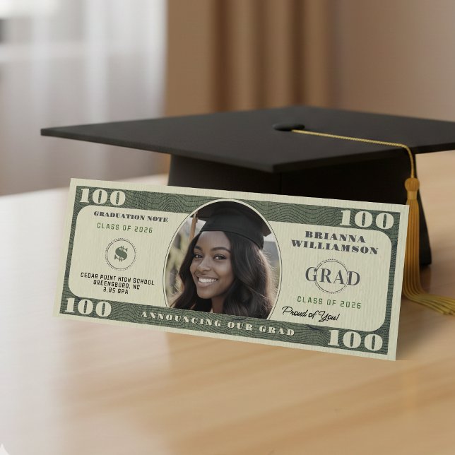 Anúncio Foto de Diploma de Nota de 100 Dólares (100 Dollar Bill Photo Graduation Announcement
)