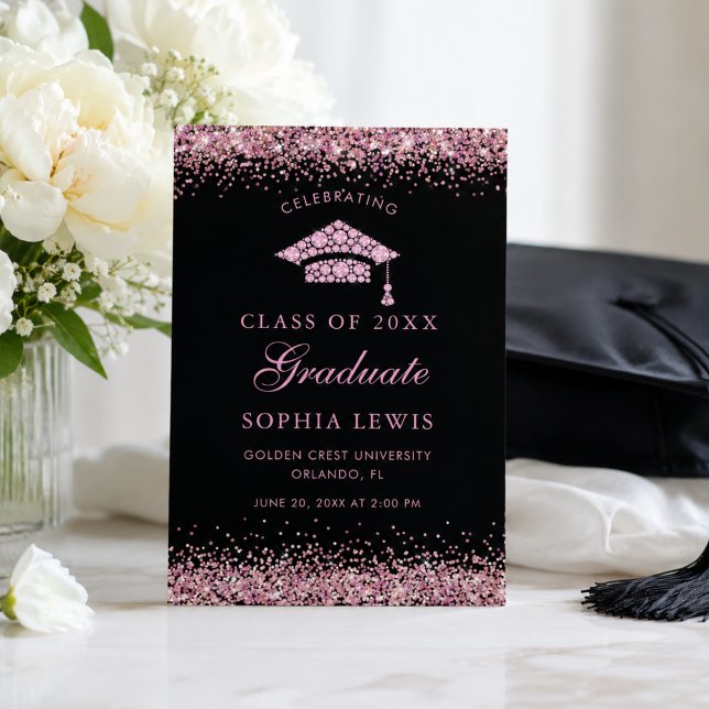 Anúncio Foto de Formatura com Brilho de Diamantes Rosa Ele (elegant pink diamonds cap graduation announcement card)