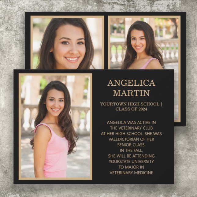 Anúncio Foto de Formatura da Turma de Ouro Preto 2024 (Black and gold 3-photo graduation announcement printed on front and back)