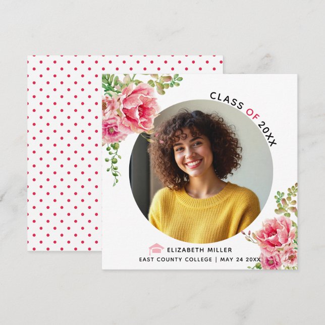 Anúncio Foto de graduação da classe 2025 Flores rosa (Frente/Verso)