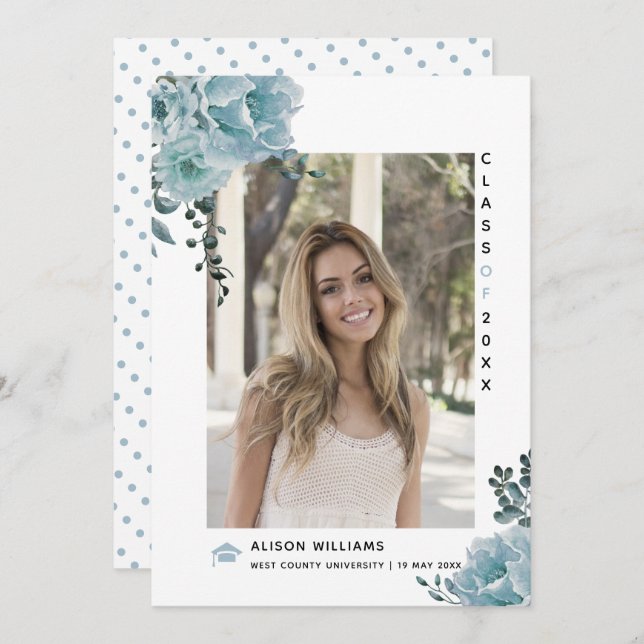 Anúncio Foto de graduação Dusty de flores azuis Classe de  (Frente/Verso)