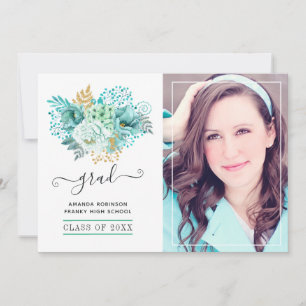 Anúncio Foto de Graduação Floral Mint e Dourada Watercolor