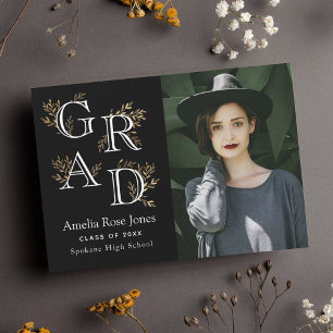 Anúncio Foto de Graduação Floral Preta e Branca