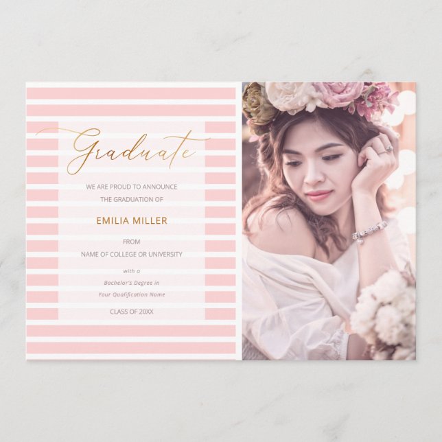 Anúncio Foto de Graduação Moderna Blush Pink Stripes (Frente)