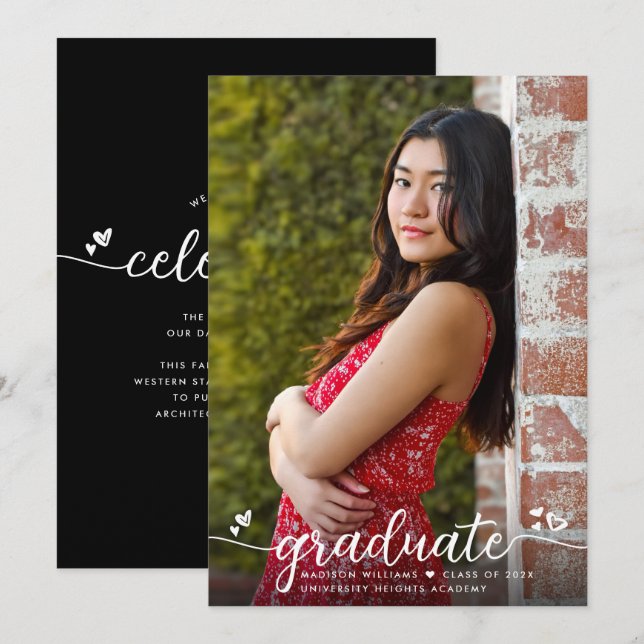 Anúncio Foto de Graduação Negra Corações Modernos de Calig (Frente/Verso)