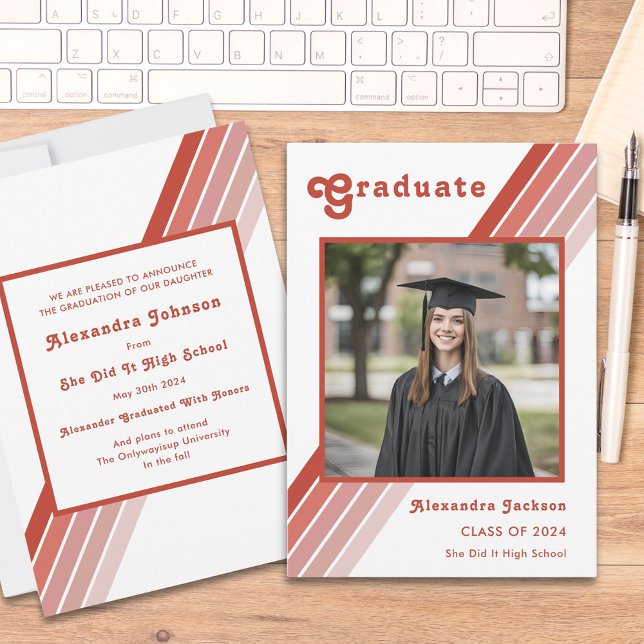Anúncio Foto de Gradução com Listras Laranja dos Anos 70 R (Retro stripe orange 70s vintage graduate photo high school graduation announcement )